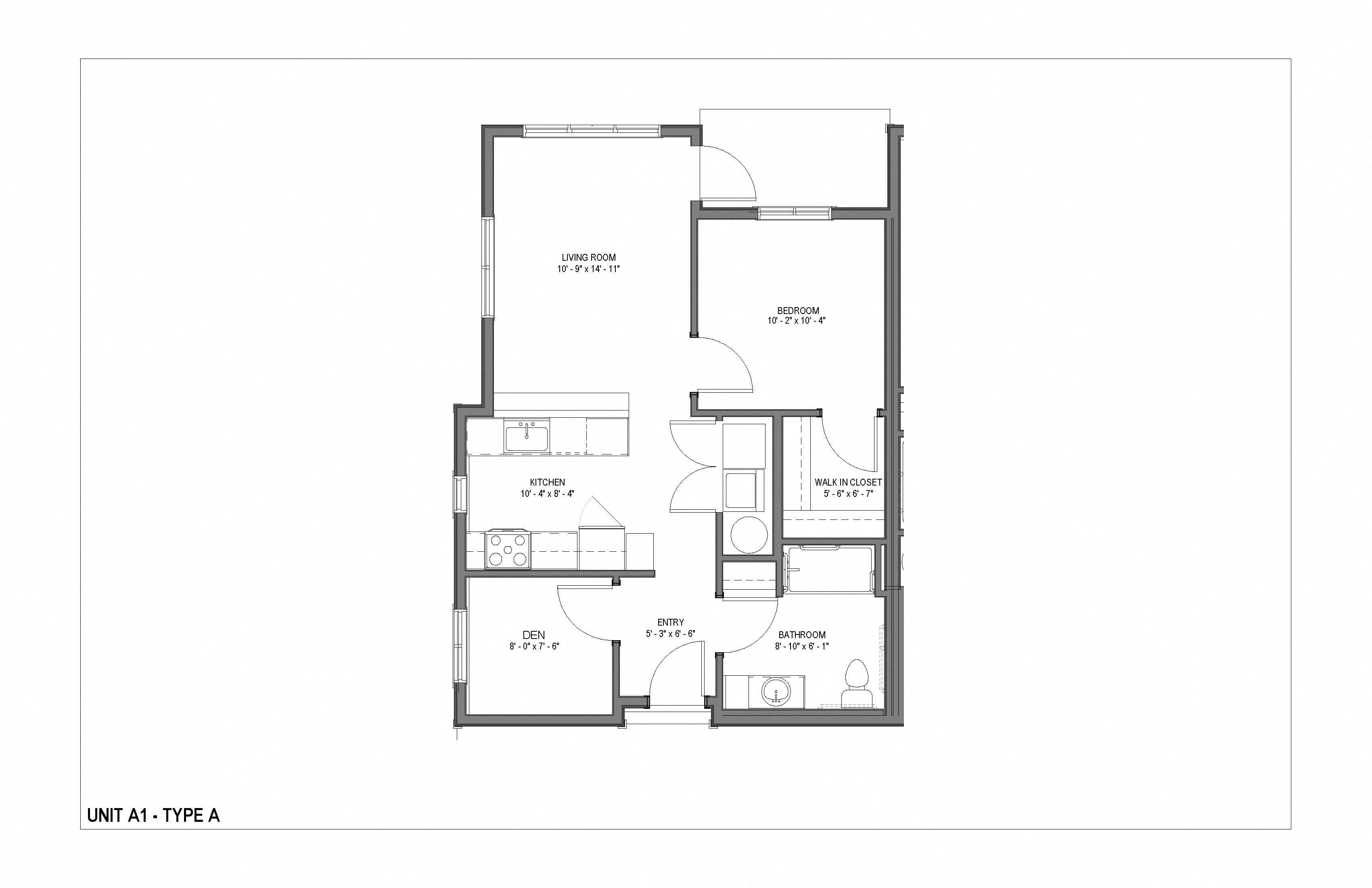 Floor plan for 1 bed, 1 bath, 804 sqft